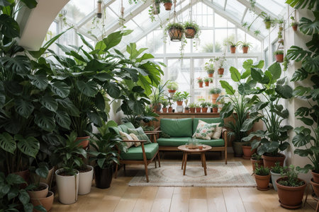 Home garden in retro style. Scandinavian interior design of winter indoor garden with houseplants. Old house orangery with potted tropic flowers, monstera, ceramic pots in boho. Greenhouse conceptの素材