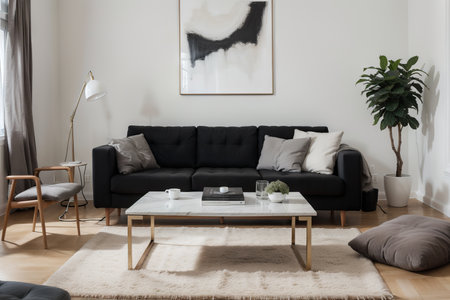Modern scandinavian home interior of living room with design gray sofa, armchair, marble stool, black coffee table, stylish paintings, decoration and elegant personal accessories in home decor.の素材