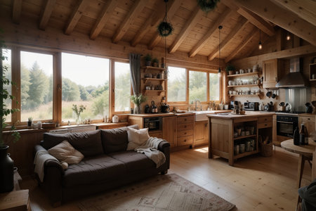 Dark loft style interior of big cozy country house. open plan apartment with kitchen area, rest zone and bed area. Huge windows and wooden decorationの素材