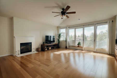 Beautiful living room with hardwood floors and amazing viewの素材
