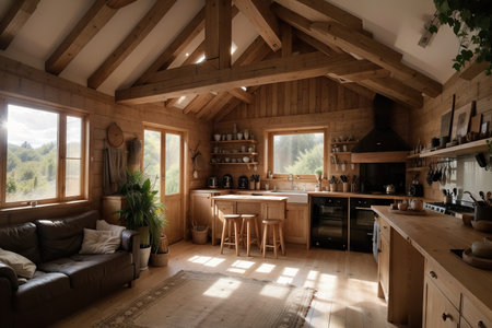 Dark loft style interior of big cozy country house. open plan apartment with kitchen area, rest zone and bed area. Huge windows and wooden decorationの素材