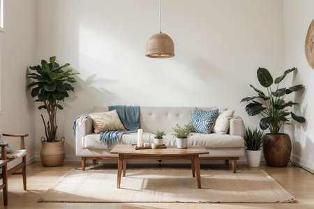 Boho living room interior style. Empty wall . Wall art. wall background. ,の素材