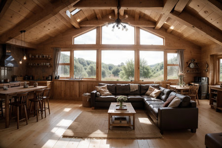Dark loft style interior of big cozy country house. open plan apartment with kitchen area, rest zone and bed area. Huge windows and wooden decorationの素材