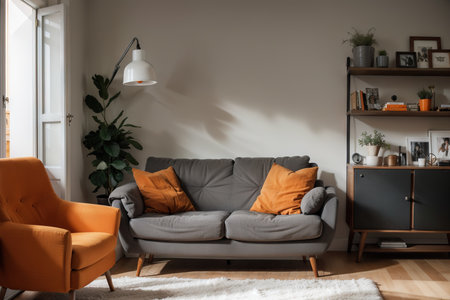 Grey armchair next to lamp in orange vintage living room interior with sofa next to cabinetの素材