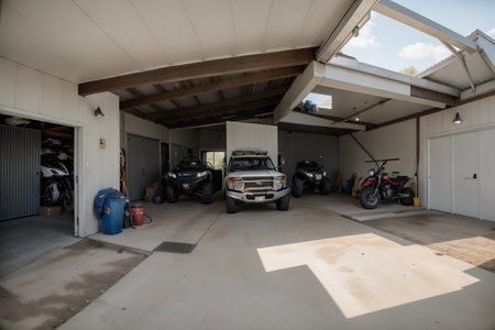 Home suburban countryside modern car and ATV double garage interior with wooden shelf, tools and equipment stuff storage warehouse indoors against sun light. Vehicle parked house parking backgroundの素材