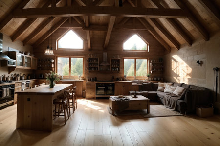 Dark loft style interior of big cozy country house. open plan apartment with kitchen area, rest zone and bed area. Huge windows and wooden decorationの素材