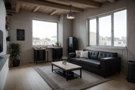 luxury studio apartment with a free layout in a loft style in dark colors. Stylish modern kitchen area with an island, cozy bedroom area with fireplace and personal gymの素材