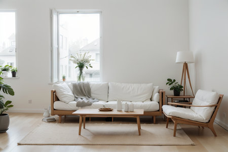 White living room with sofa and summer landscape in window. Scandinavian interior design.の素材