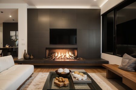 Blazing fire in living room of luxury architect designed Australian houseの素材