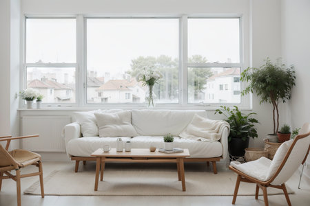 White living room with sofa and summer landscape in window. Scandinavian interior design.の素材