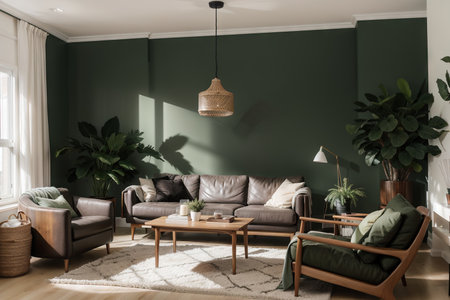 Luxury modern living room interior, dark green brown wall, modern sofa with armchair and plants,の素材