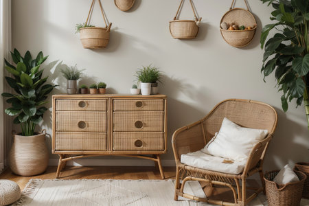 The stylish ethnic composition at living room interior with design brown armchair, colorful baskets, rattan sideboard and elegant personal accessories. Grey concrete wall. Cozy apartment. Home decor.の素材