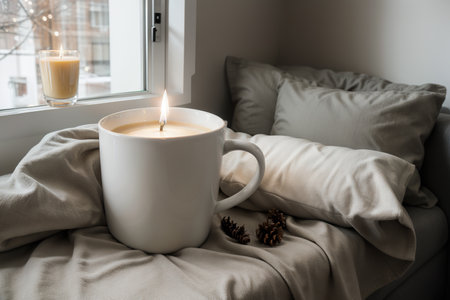 Cozy home with cup of tea with blanket and book. Hygge home interiorの素材