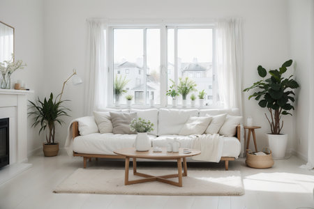 White living room with sofa and summer landscape in window. Scandinavian interior design.の素材