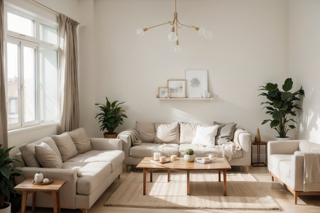 modern interior design of the living area in the studio apartment in warm soft colors. decorative built-in lighting and soft beige furnitureの素材