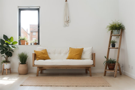 Interior design of bright living room with white walls and couch bench with pillows. Dried high plants and wooden ladder near wall.の素材
