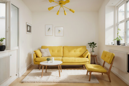 Yellow room with sofa. Scandinavian interior design.の素材