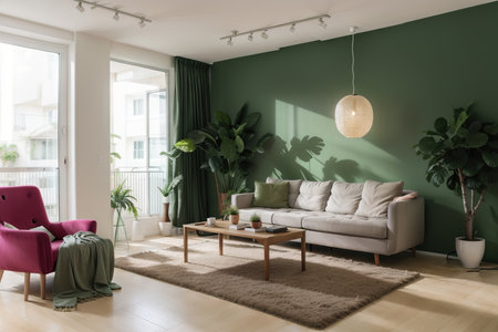 interior design for living area or reception with armchair,plant,cabinet on wood floor and deep green background / ,の素材