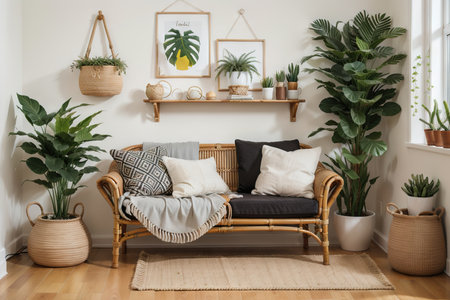 Warm and cozy ethno living room interior with couch, patterned pillows, plants i flowerpots, fern, rattan sideboard, basket on wall, wooden bowl and personal accessories. Home decor. Template.の素材