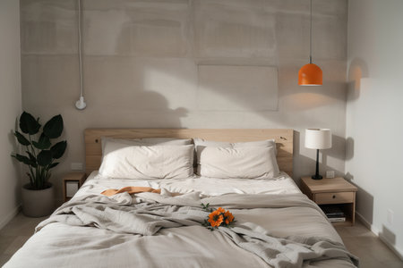 Bedroom with concrete wall, bed, lamp and plantsの素材