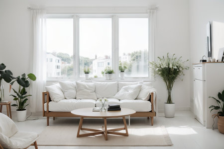 Stylish room in white color with sofa and summer landscape in window. Scandinavian interior design.の素材