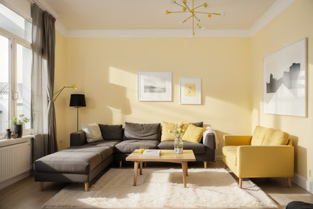 Yellow room with sofa. Scandinavian interior design.の素材
