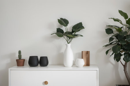 Empty white wall. interior in contemporary style. Close up view. Free space, copy space for your picture, text, or another design. Sideboard, cotton plant.の素材