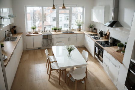 modern kitchen in a lt. top viewの素材