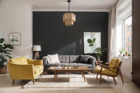 Interior design of scandinavian open space with yellow velvet sofa, plants, furniture, book, wooden cube and personal accessories in stylish home staging. Template.の素材