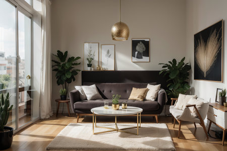 Stylish interior of living room with design furniture, gold pouf, plant, poster frames, carpet, accessoreis and beautiful dog lying on the sofa in cozy home decor. Template.の素材