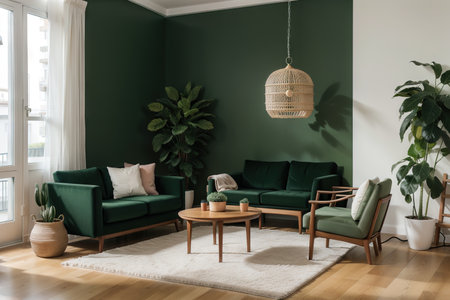 interior design for living area or reception with armchair,plant,cabinet on wood floor and deep green background / ,の素材