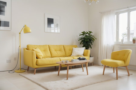 Yellow room with sofa. Scandinavian interior design.の素材