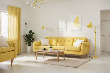 Yellow room with sofa. Scandinavian interior design.の素材
