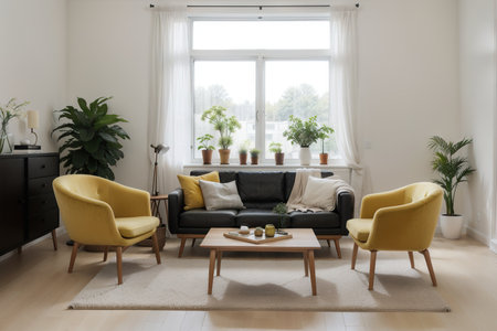 Interior design of scandinavian open space with yellow velvet sofa, plants, furniture, book, wooden cube and personal accessories in stylish home staging. Template.の素材