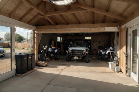 Home suburban countryside modern car and ATV double garage interior with wooden shelf, tools and equipment stuff storage warehouse indoors against sun light. Vehicle parked house parking backgroundの素材