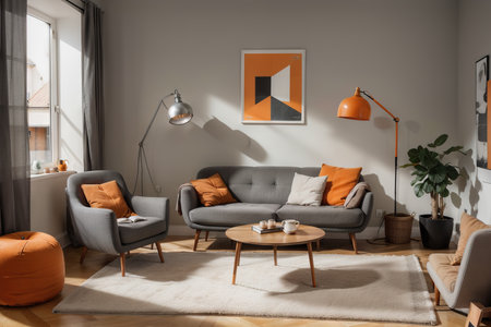 Grey armchair next to lamp in orange vintage living room interior with sofa next to cabinetの素材