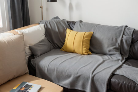 Laptop on gray sofa with yellow pillows and wool blanket on it. Blogger freelancer home workspace office. Modern colourful interior design concept.の素材