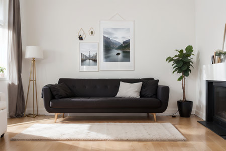 Mockup poster frame on the wall of living room. Luxurious apartment background with contemporary design. Modern interior design. , .の素材