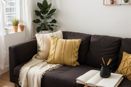 Laptop on gray sofa with yellow pillows and wool blanket on it. Blogger freelancer home workspace office. Modern colourful interior design concept.の素材