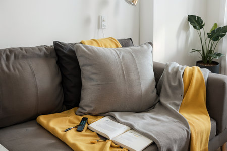 Laptop on gray sofa with yellow pillows and wool blanket on it. Blogger freelancer home workspace office. Modern colourful interior design concept.の素材