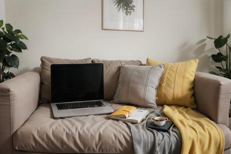 Laptop on gray sofa with yellow pillows and wool blanket on it. Blogger freelancer home workspace office. Modern colourful interior design concept.の素材
