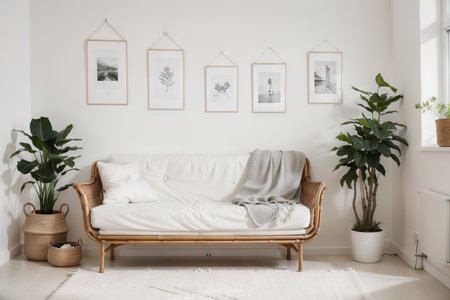 Empty picture frame on white wall in modern child room. interior in scandinavian, boho style. Free, copy space for your picture. Console, rattan armchair, toys. Cozy room for kidsの素材