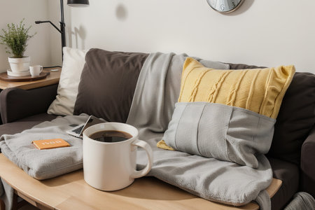Laptop on gray sofa with yellow pillows and wool blanket on it. Blogger freelancer home workspace office. Modern colourful interior design concept.の素材