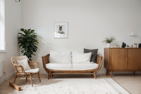 Empty picture frame on white wall in modern child room. interior in scandinavian, boho style. Free, copy space for your picture. Console, rattan armchair, toys. Cozy room for kidsの素材