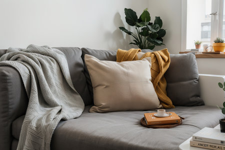 Laptop on gray sofa with yellow pillows and wool blanket on it. Blogger freelancer home workspace office. Modern colourful interior design concept.の素材