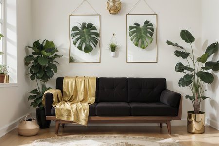 Stylish and elegant interior of living room with design gold armchair, velvet sofa, lamp, poster frames. dressing table with mirror, plants, palm leaves, yellow macrame and accessories. Home decor.の素材