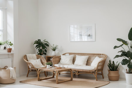 Empty picture frame on white wall in modern child room. interior in scandinavian, boho style. Free, copy space for your picture. Console, rattan armchair, toys. Cozy room for kidsの素材