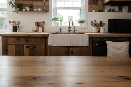Selective focus.Wood table top on blur kitchen counter background.For montage product display or design key visual layout.の素材