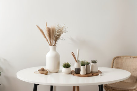 Modern beige ceramic vases with dry grass branches on white table near a black white wall backdrop. Copy space.Minimal Scandinavian interior. Neutral trendy colors interior decoration .の素材