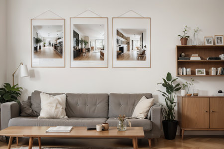 Two posters frame on wall in modern interior background, living room. Books on cabinet. Scandinavian style. .の素材